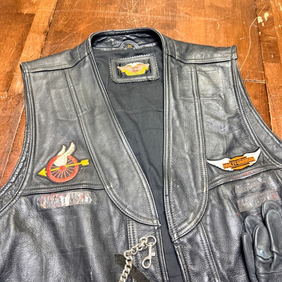 Harley Davidson Leather Vest Mens 2XL Black Lace Up Biker Motorcycle Vtg Gloves - Picture 2 of 9